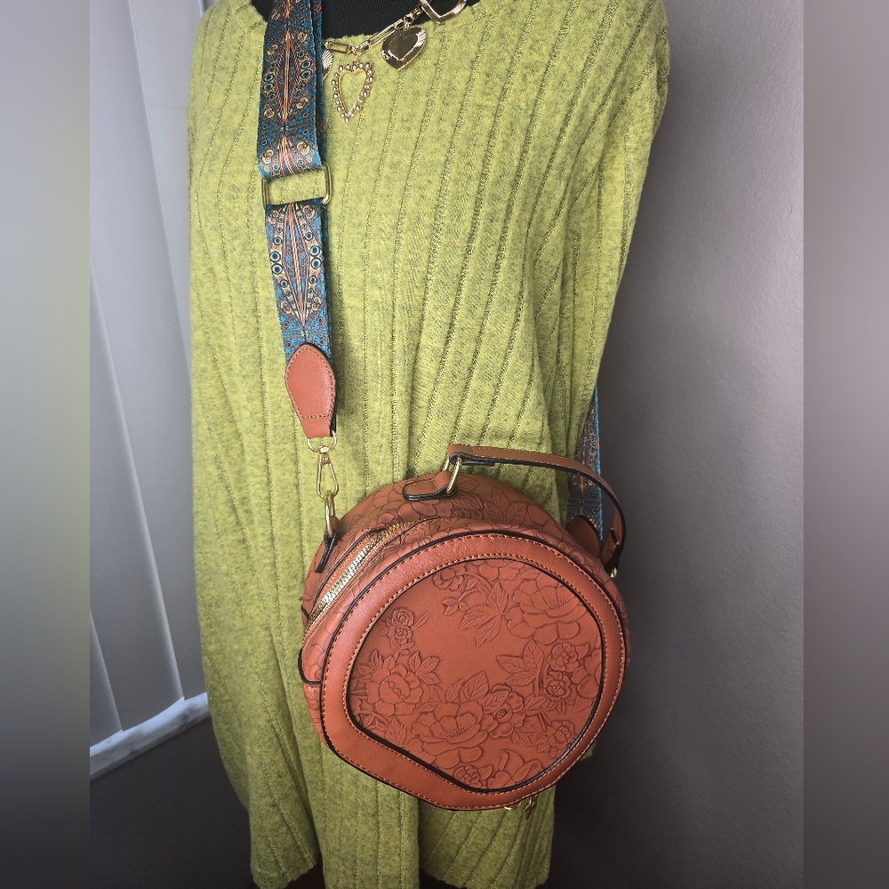 Floral Embossed Tan Crossbody Bag